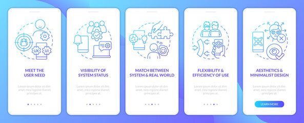Naklejka premium User experience design research blue gradient onboarding mobile app screen. Walkthrough 5 steps graphic instructions with linear concepts. UI, UX, GUI template. Myriad Pro-Bold, Regular fonts used