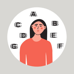 Blurred vision, difficulty of focusing concept. Eye problems. Symptom of diabetes, migrane, disease. Flat vector illustration