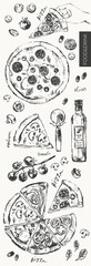 Hand drawn ink pizza sketch with sausage, mushroom, cheese, tomato, olive oil, knife