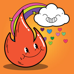 Vector illustration of abstract funny fire character and cloud. Contemporary comic doodle face smiling. Colorful retro element of flame for print, poster, card EPS