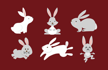 Chinese New Year 2023 of the rabbit. Set of cute bunnies in different poses in cartoon on red background. Hares fits for designing kids clothes, greeting cards, banner, poster. Vector illustration