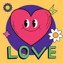 Cute cartoon heart character in retro style with eyes. Hippie, psychedelic, groove, retro and vintage style. Text Love Vector illustration
