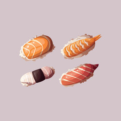Variety of Sushi. Japanese food, healthy eating, cooking, menu, nutrition concept. Vector illustration. 