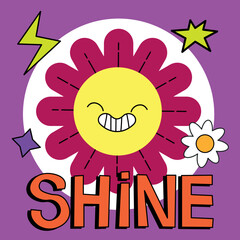 Cute cartoon sun character in retro style with eyes. Hippie, psychedelic, groove, retro and vintage style. Text Shine Vector illustration