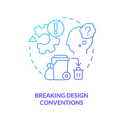 Breaking design conventions blue gradient concept icon. Web product. Cognitive load. UI UX development issue abstract idea thin line illustration. Isolated outline drawing. Myriad Pro-Bold font used