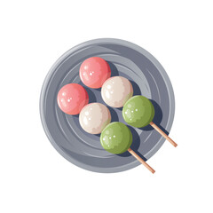Colorful Sweet dango on the plate. Japanese food, healthy eating, cooking, menu, sweet food, dessert concept. Vector illustration. 
