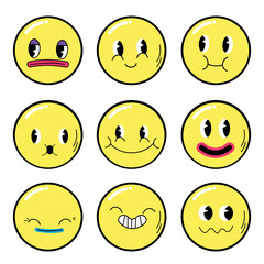 Funny smile faces set collection. Vector cartoon 90s character sticker pack set illustration. Smile faces melt, acid, trippy, psychedelic techno print for t-shirt poster, stickers concept EPS