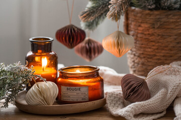 The concept of New Year and Christmas. Home warmth in cold weather. Still-life. Scandinavian-style...