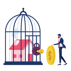 House inside the cage with Locked-Business and financial problems concept, Businessman pay money to unlock house from cage