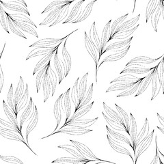 Abstract floral background. Seamless monochrome pattern with hand drawn plants. Vector. Black and white. Line art. Perfect for wallpaper, wrapping, fabric and textile.