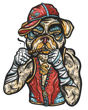 Dog. Crime boxer bulldog. Old school tattoo vector art. Hip-hop and gangsta lifestyle. Criminal street culture. Hand drawn graphic. Isolated on white. Traditional flash tattooing style
