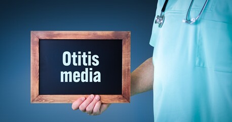 Otitis media (Middle ear infection). Doctor shows sign/board with wooden frame. Background blue