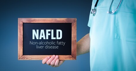 Non-alcoholic fatty liver disease (NAFLD). Doctor shows sign/board with wooden frame. Background blue