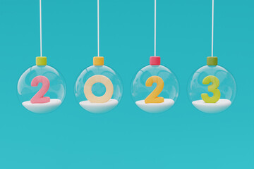 Glass Balls hanging on ribbon with colorful number 2023. Merry Christmas and Happy New Year. 3d rendering.