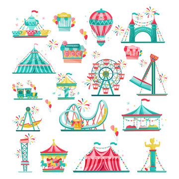 Amusement park attractions set. Roller coaster, carousels, hot air balloon, ferris wheel cartoon vector illustration
