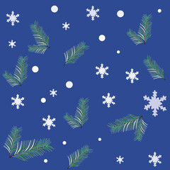 Fototapeta na wymiar A white spruce branch on a blue background, a snowy night with stars and snowflakes, a sprig of a Christmas tree in the snow, a green branch of a Christmas tree
