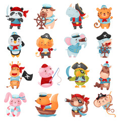 Obraz premium Funny Animal Character Pirates and Sailors Sailing and Seafaring Big Vector Set