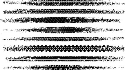 Set of black motorbike tire tread print with grunge effect isolated on white background. Footprint of bike or car wheels with seamless texture. Top view of rubber protector marks on road. Vector brush