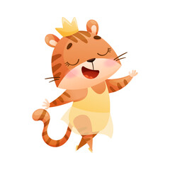 Fototapeta premium Cute Striped Tiger Dancing Ballet Wearing Skirt and Crown on Its Head Vector Illustration