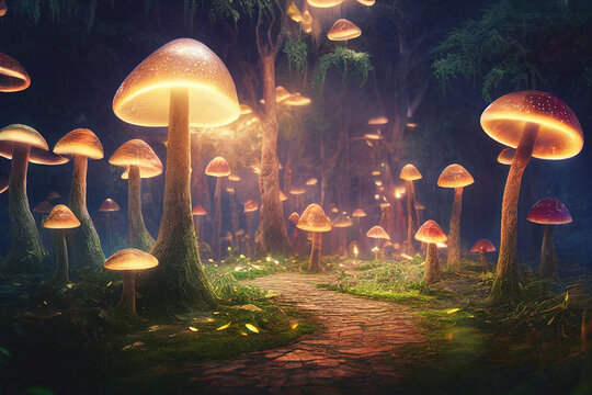 Fantasy mushrooms in magical forest