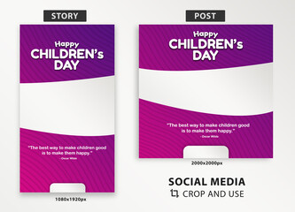 Fototapeta premium World Children's Day social media post and story template, crop and use, content design with text area for quote, social media content and feed, 20 November Children Day, easy use template