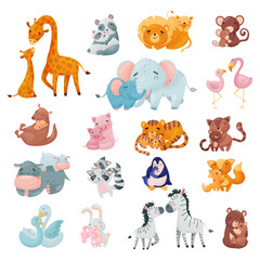 Fototapeta premium Mom Animal Cuddling with Its Little Baby Loving Each Other Big Vector Set