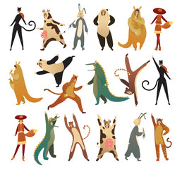Set of women and men are wearing of animal costumes. Funny people dressed as panda, rabbit, cow, dinosaur, tiger, cat, kangaroo, fox cartoon vector illustration