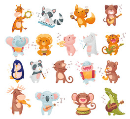 Cute Animals Playing Musical Instrument Performing Concert on Stage Vector Set