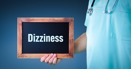 Dizziness (Lightheadedness). Doctor shows sign/board with wooden frame. Background blue