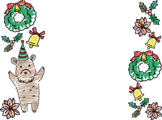 手書き風の賑やかなクリスマス落書きフレーム　クマとオーナメントのパターン