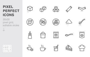 Sugar line icon set. Sweetener, powder, glucose, pouch, sachet, soluble, pack, coffee minimal vector illustration. Simple outline sign for sweet ingredients. 30x30 Pixel Perfect, Editable Stroke - 544065576