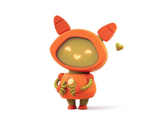 Friendly positive little orange robot girl with ears, glowing yellow smiling face on green screen standing in shy nervous pose two index fingers touching together. 3d render isolated on white backdrop - obrazy, fototapety, plakaty