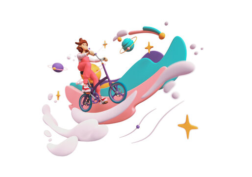 Floating kawaii funny girl wears red overalls rides bicycle up on clouds in pink purple turquoise space, stars, planets, yellow moon. Minimal art, moving forward. 3d render isolated on white backdrop.