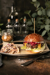 Beef Burger with lettuce, cheese and cherry sauce