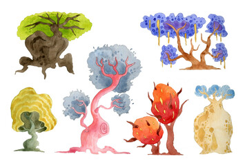 Magic trees set. Fantasy forest design elements collection. Abstract cartoon trees and plants different shape and color. Isolated on white background. Watercolor illustration - 544066917