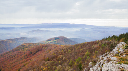Beautiful view of mountain landscape on sunny autumn day. Cloudy sky. Picturesque scenery. Serbia, Europe.
