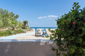View from the terrace of a small Taverna on Missiria beach near Rethymno, Crete, Greece