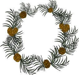 Christmas and New Year border with conifer branches and cones