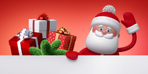 3d render. Christmas holiday wallpaper. Red background with happy Santa Claus mascot and wrapped gift boxes.