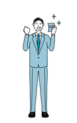 預金通帳を見て喜ぶシニアビジネスマン、経営者・管理職・社長のシンプルな線画イラスト