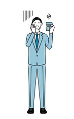 預金通帳を見て落ち込むシニアビジネスマン、経営者・管理職・社長のシンプルな線画イラスト