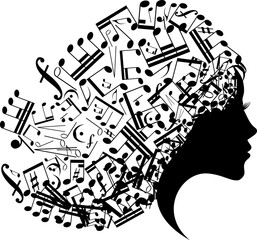 Beautiful woman profile silhouette with music hair, young female face design, beauty girl head with styled musical notes hair, fashion lady graphic portrait.