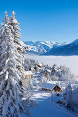 Laye winter ski resort village in Champsaur (French Alps) covered in fresh snow. Hautes-Alpes,...