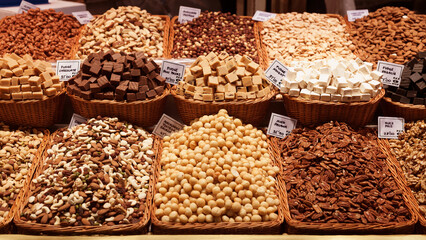 nuts and dried fruits on the counter in the market