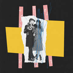 Contemporary art collage. Portrait of young couple walking together. Woman painted over with...