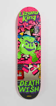 london, england, 05/05/2022 A retro Death wish Lizard King Kool aid Toons Skateboard Deck 8 inch NEW 2009 RARE collectors skate history from america. Skateboarding culture.