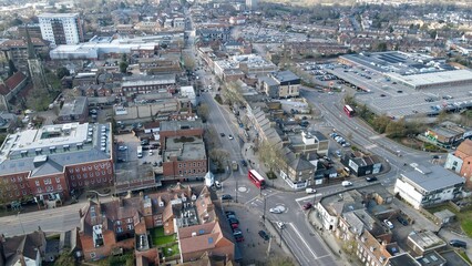 Brentwood  Essex Uk Town centre drone Aerial  shops and houses