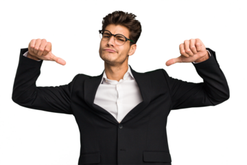 Young caucasian business man isolated feels proud and self confident, example to follow.