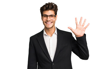 Young caucasian business man isolated smiling cheerful showing number five with fingers.