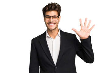 Young caucasian business man isolated smiling cheerful showing number five with fingers.